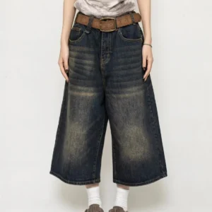 High Waist Black Retro Washed Denim Shorts Women's Harajuku Vintage Fashion Casual Loose Y2K Streetwear Mid Long Wide Leg Pants