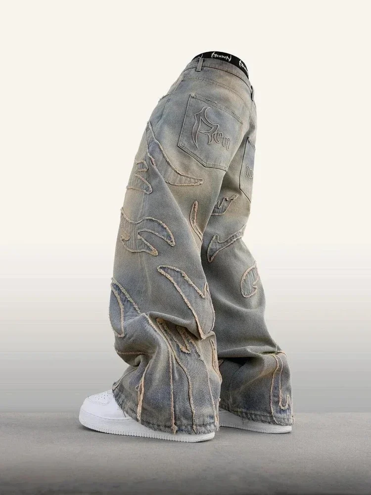 2024 American New Fashion Patch Baggy Casual Jeans For Men And Women Y2K High Street Harajuku High Waist Wide Leg Denim Trousers - Image 8