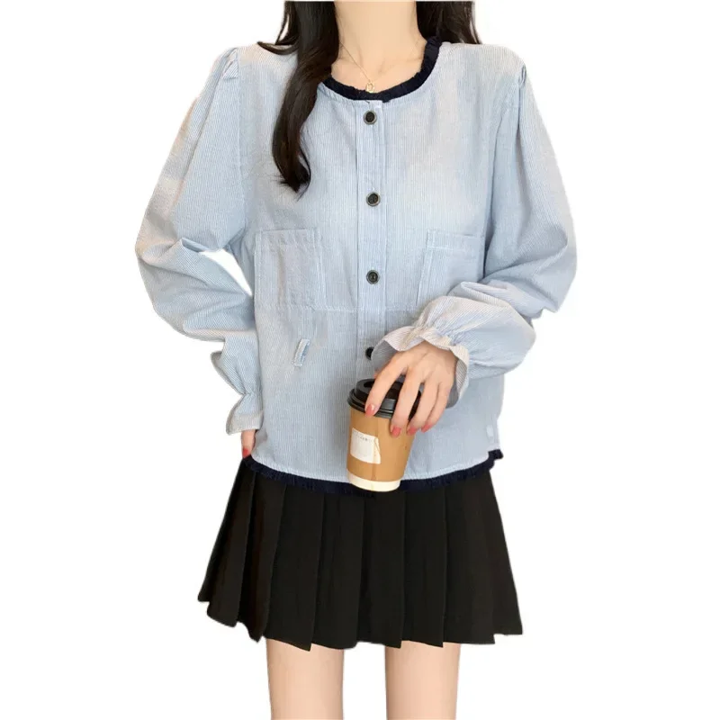 2024 Plus Size French Tweed Style Fringe Round Neck Long Sleeve Shirt With Belt Stylish Contrasting Top For Men - Image 6