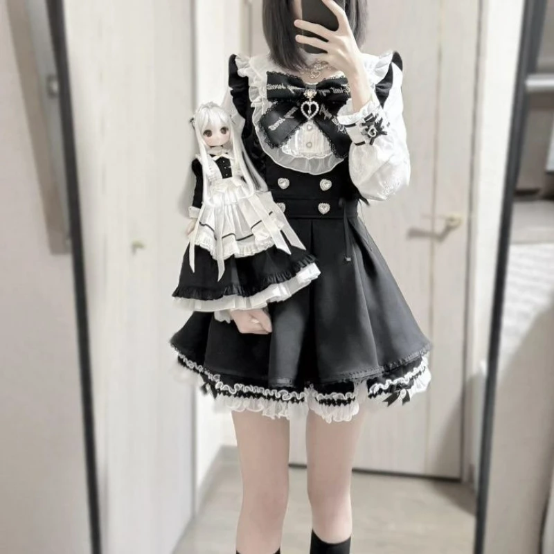 Japanese Y2 Aesthetics Rhinestone Bow Dress Shorts Set Women Gothic Lolita Style Long Sleeve Shirt Dresses Party Slim Mini Dress
