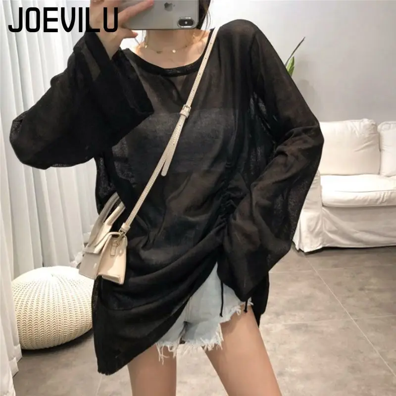 Mesh Sunscreen Shirts Drawstring Thin Long Sleeved T-shirt Summer Beach Cover Women's Casual Blouse Ladies Korean Fairy Tops - Image 7
