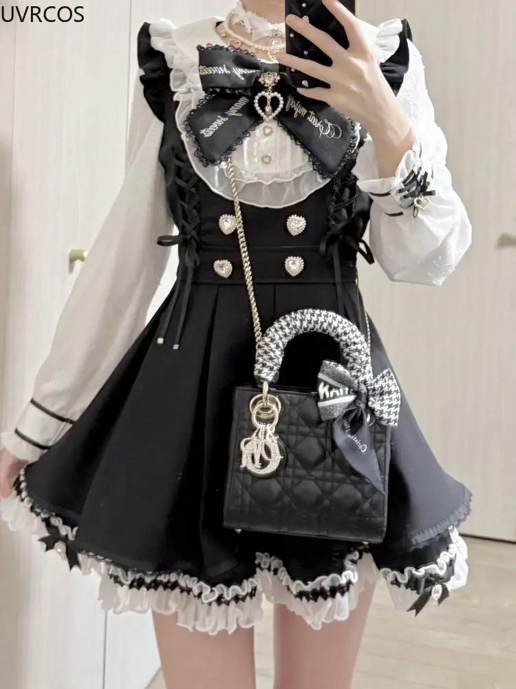 Japanese Y2 Aesthetics Rhinestone Bow Dress Shorts Set Women Gothic Lolita Style Long Sleeve Shirt Dresses Party Slim Mini Dress - Image 6