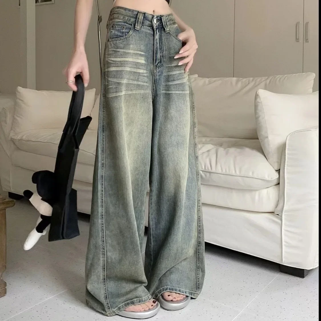 Vintage Wide-Leg Jeans Women's Loose-Fit High-Waisted Slimming Casual Straight-Leg Long Pants Trendy On The Ground - Image 5
