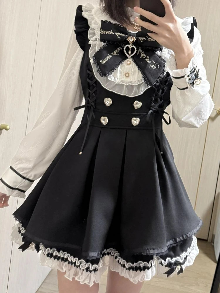 Japanese Y2 Aesthetics Rhinestone Bow Dress Shorts Set Women Gothic Lolita Style Long Sleeve Shirt Dresses Party Slim Mini Dress - Image 2
