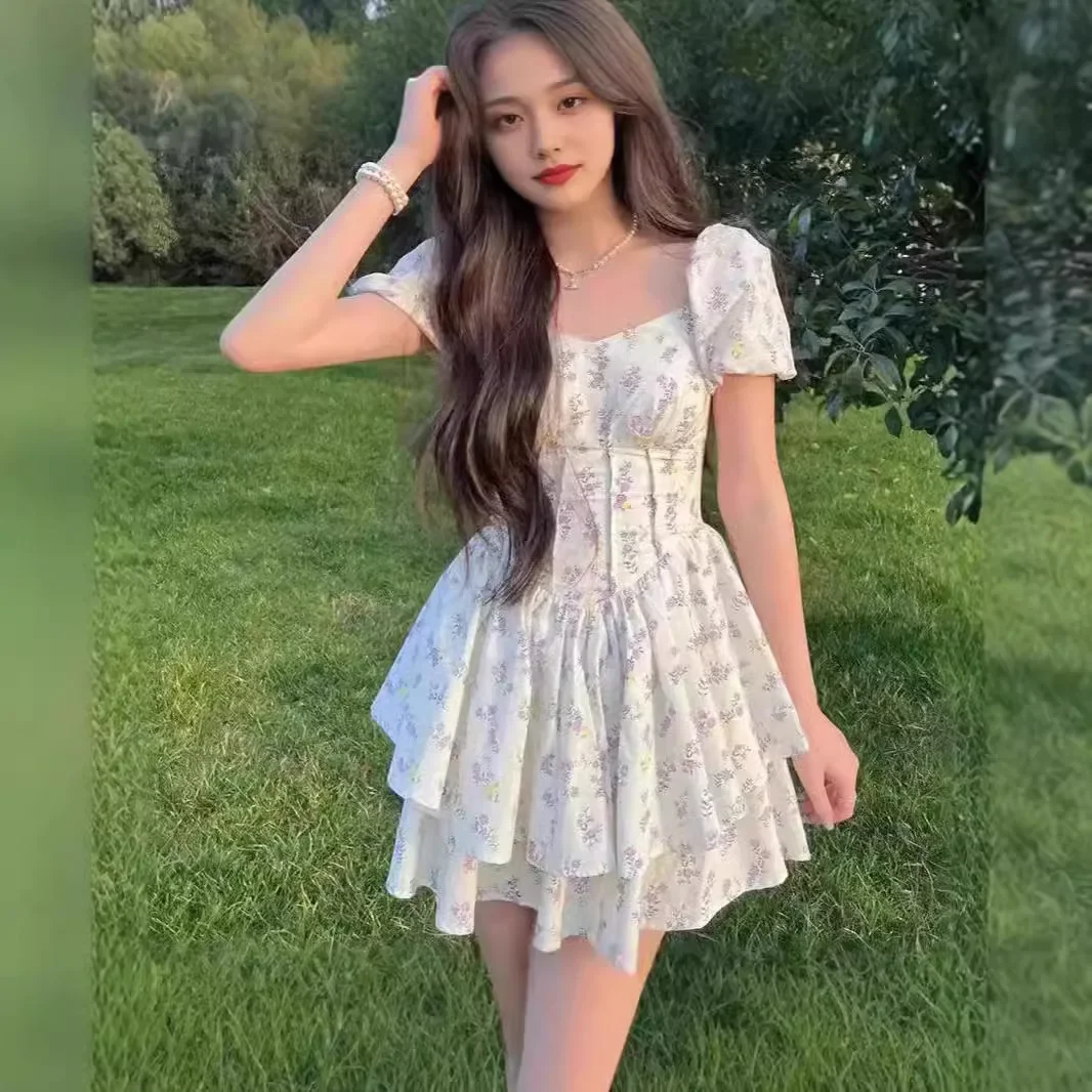 Princess Style Gathered Waist Bubble Sleeve One Shoulder Puffy Dress Floral Print Gentle Girl Summer New Arrival Dress - Image 5