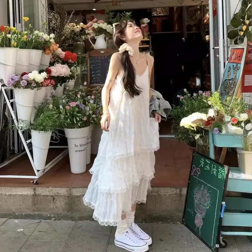 SweetAge-ReducingWhite French Style Tank Dress Loose Fit Long Dress For Women Spring Vacation Style Petite Cake Dress - Image 4