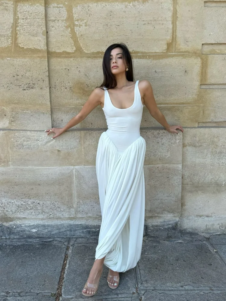 Women Sleeveless High Waist Split Sling Dresses White Elegant U Neck Irregular Pleated Midi Dress Lady Summer Highstreet Robes - Image 6