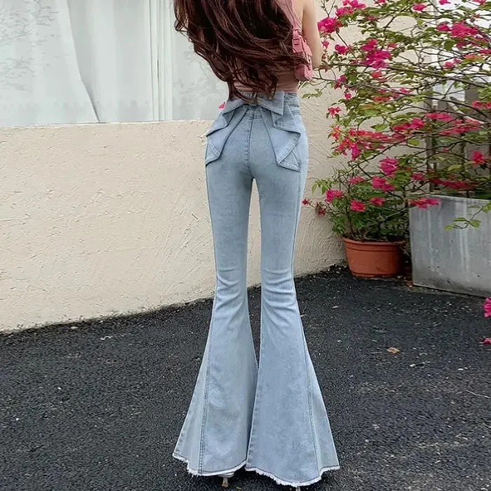 Spring Summer New High Waist 3D Butterfly Knot Denim Pants Women's European Style Slimming Butt Lifting Flared Trousers - Image 3