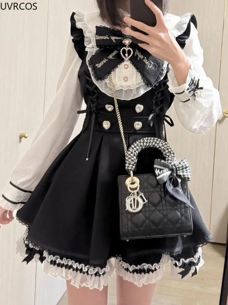 Japanese Y2 Aesthetics Rhinestone Bow Dress Shorts Set Women Gothic Lolita Style Long Sleeve Shirt Dresses Party Slim Mini Dress - Image 3