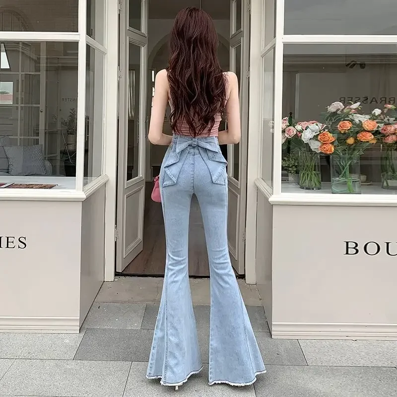 Spring Summer New High Waist 3D Butterfly Knot Denim Pants Women's European Style Slimming Butt Lifting Flared Trousers - Image 4