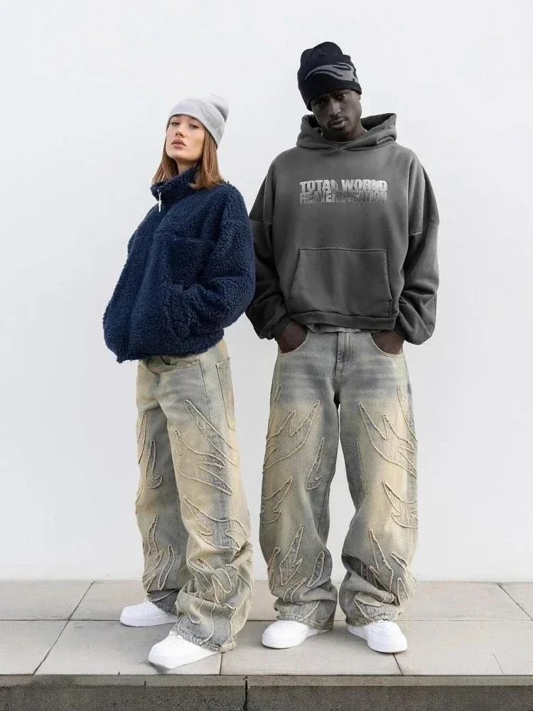 2024 American New Fashion Patch Baggy Casual Jeans For Men And Women Y2K High Street Harajuku High Waist Wide Leg Denim Trousers - Image 9