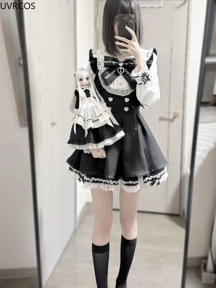 Japanese Y2 Aesthetics Rhinestone Bow Dress Shorts Set Women Gothic Lolita Style Long Sleeve Shirt Dresses Party Slim Mini Dress - Image 5