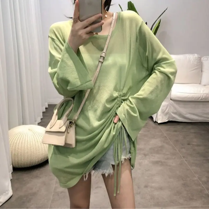 Mesh Sunscreen Shirts Drawstring Thin Long Sleeved T-shirt Summer Beach Cover Women's Casual Blouse Ladies Korean Fairy Tops - Image 2