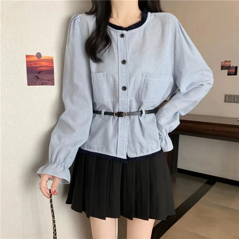 2024 Plus Size French Tweed Style Fringe Round Neck Long Sleeve Shirt With Belt Stylish Contrasting Top For Men