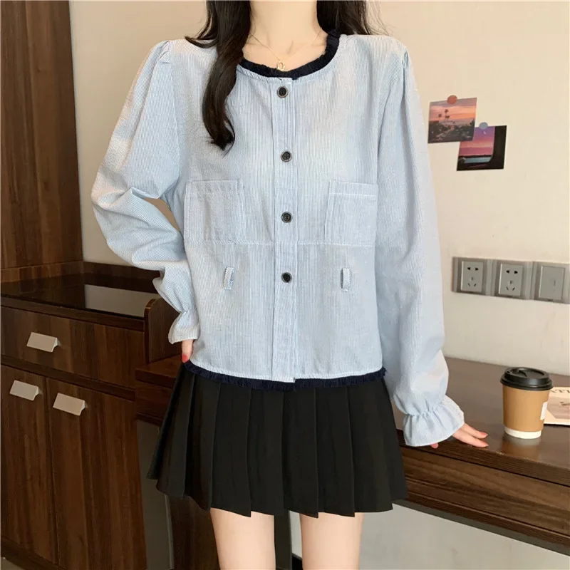 2024 Plus Size French Tweed Style Fringe Round Neck Long Sleeve Shirt With Belt Stylish Contrasting Top For Men - Image 3