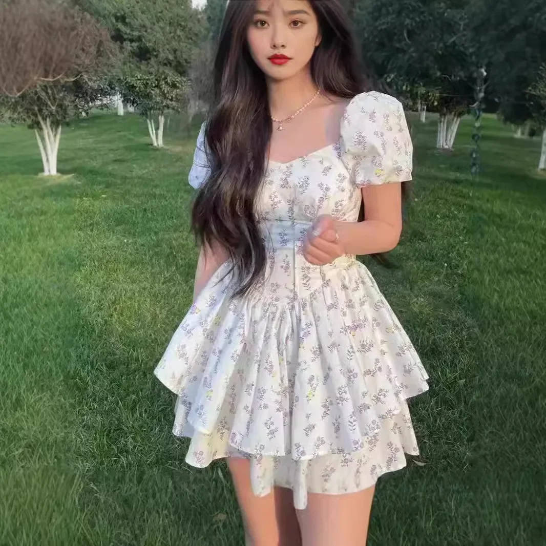 Princess Style Gathered Waist Bubble Sleeve One Shoulder Puffy Dress Floral Print Gentle Girl Summer New Arrival Dress - Image 2