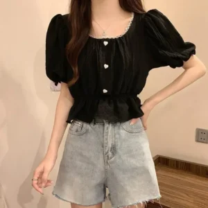 Smvp Summer Puff Sleeve Chiffon Shirt Women Sweet Cute Ruffles Waist-Tight Crop Tops Female Casual All-match White T-shirts