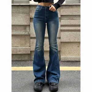 S57299d5276ee4ddbb1e7d6b711d881066.webp 2025 Girls Concise Ins High Waist Flared Jeans Female Stretchy Bootcut Denim Pants Women Solid Color Thin Bell Bottoms Trousers