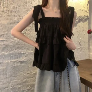 Ruffles Shirts and Blouses Korea Style Solid Fashion Woman Blouse 2025 Spaghetti Strap Top Women Summer Slash Neck Clothes New