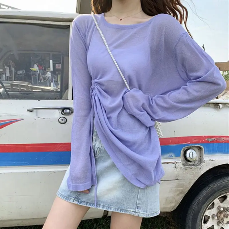 Mesh Sunscreen Shirts Drawstring Thin Long Sleeved T-shirt Summer Beach Cover Women's Casual Blouse Ladies Korean Fairy Tops - Image 4