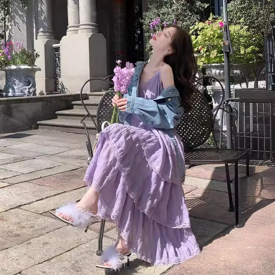 SweetAge-ReducingWhite French Style Tank Dress Loose Fit Long Dress For Women Spring Vacation Style Petite Cake Dress - Image 5