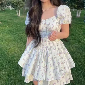 Princess Style Gathered Waist Bubble Sleeve One Shoulder Puffy Dress Floral Print Gentle Girl Summer New Arrival Dress