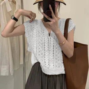 Summer Crochet Top Women Sheer Openwork V-neck Sleeveless Knit Tank Blouse Beach Boho Vacation Outfit