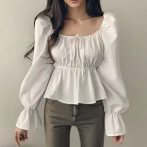 S78704949a6ad43c580357c203e4b739dv.webp 2025 Fashion New Ruffle White Long sleeved Women's Blouses Square Neck Sexy Short Shirt Korean Style Flare Sleeve Sweet Tops