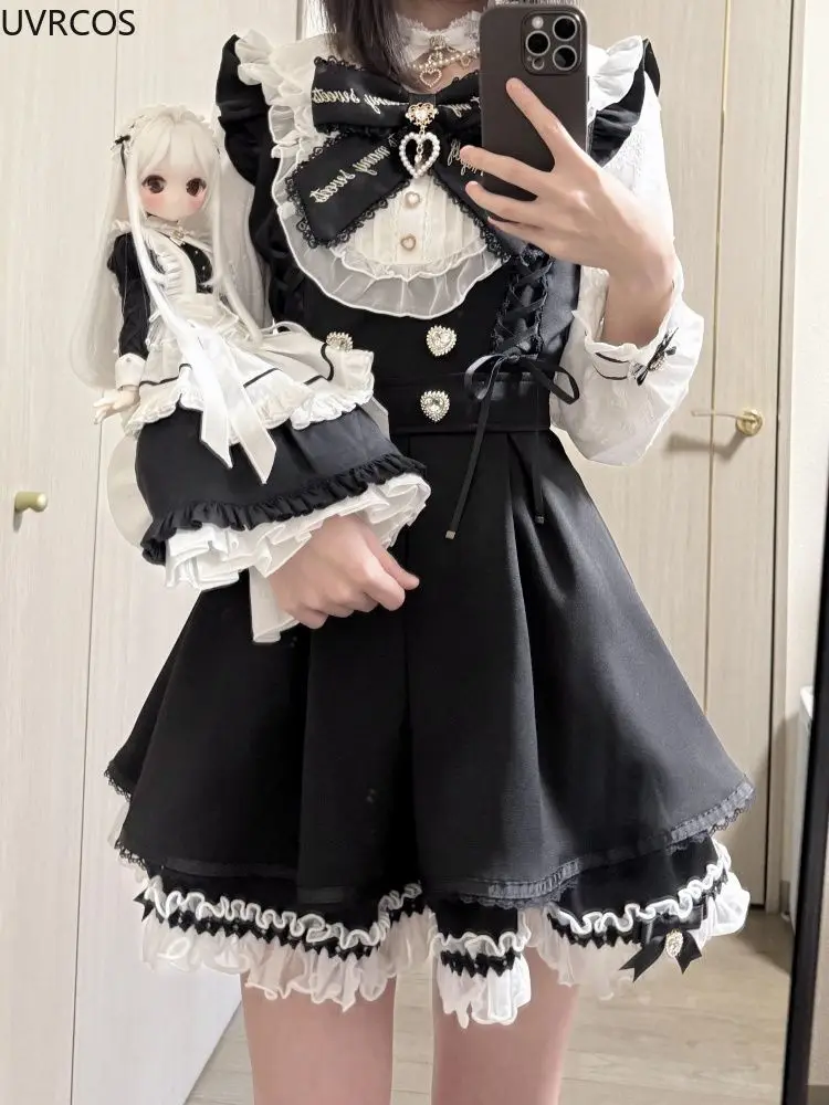 Japanese Y2 Aesthetics Rhinestone Bow Dress Shorts Set Women Gothic Lolita Style Long Sleeve Shirt Dresses Party Slim Mini Dress - Image 4