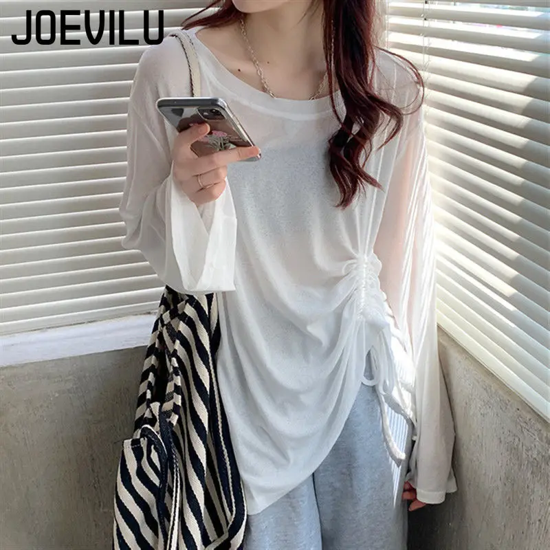 Mesh Sunscreen Shirts Drawstring Thin Long Sleeved T-shirt Summer Beach Cover Women's Casual Blouse Ladies Korean Fairy Tops - Image 9