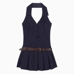 Spicy Girl Sleeveless V-Neck Halter Striped Mini Dress Summer Gored Skirt Backless Short A- Line Skirt Pure Desirable Fashion