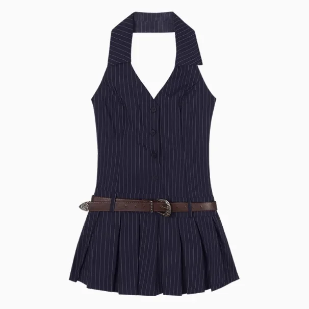 Spicy Girl Sleeveless V-Neck Halter Striped Mini Dress Summer Gored Skirt Backless Short A- Line Skirt Pure Desirable Fashion