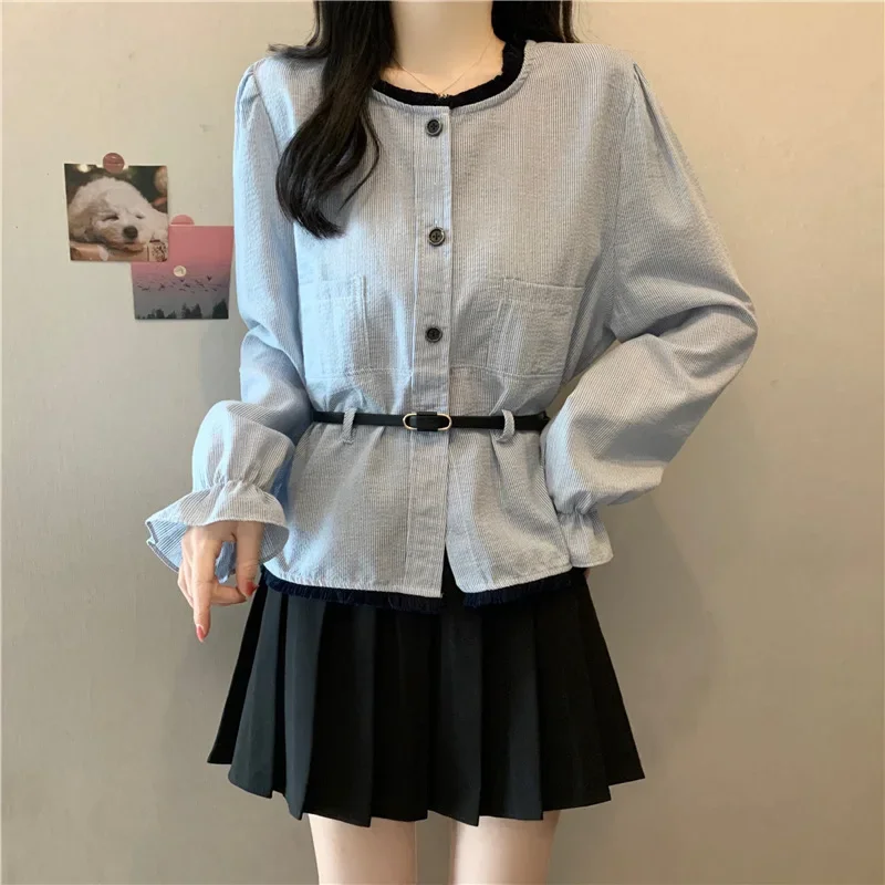 2024 Plus Size French Tweed Style Fringe Round Neck Long Sleeve Shirt With Belt Stylish Contrasting Top For Men - Image 5