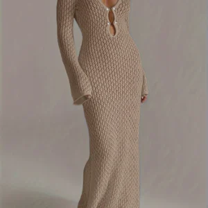 Sexy Women White Long Knit Sleeve Bikin Fashion Cover up Female See-Through Deep V-Neck Hollow-Out Beach Knitwear Backless Dress