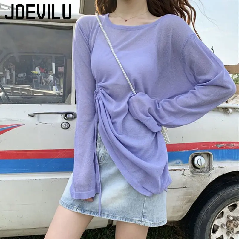 Mesh Sunscreen Shirts Drawstring Thin Long Sleeved T-shirt Summer Beach Cover Women's Casual Blouse Ladies Korean Fairy Tops - Image 6
