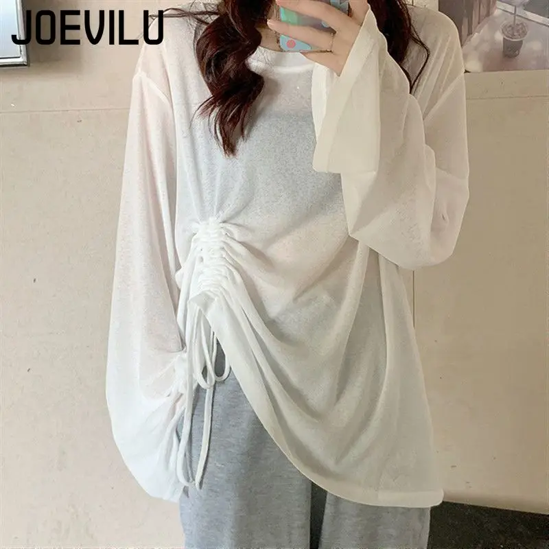 Mesh Sunscreen Shirts Drawstring Thin Long Sleeved T-shirt Summer Beach Cover Women's Casual Blouse Ladies Korean Fairy Tops - Image 5