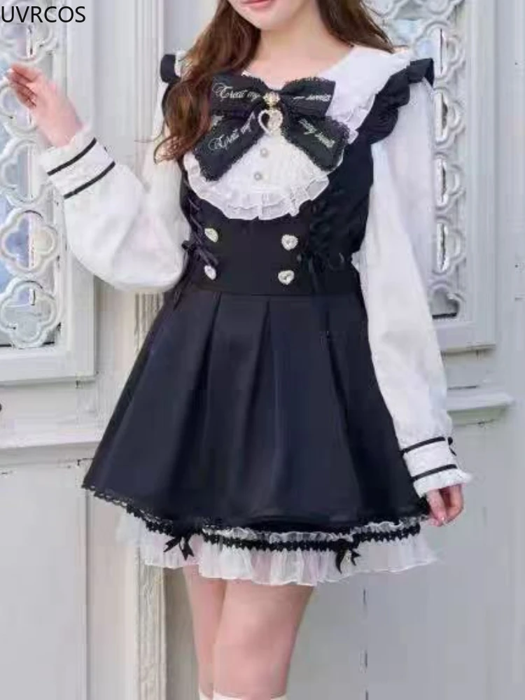 Japanese Y2 Aesthetics Rhinestone Bow Dress Shorts Set Women Gothic Lolita Style Long Sleeve Shirt Dresses Party Slim Mini Dress - Image 7