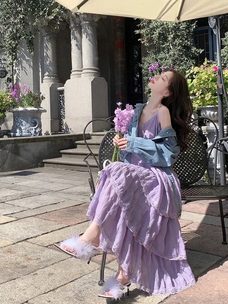 SweetAge-ReducingWhite French Style Tank Dress Loose Fit Long Dress For Women Spring Vacation Style Petite Cake Dress - Image 3