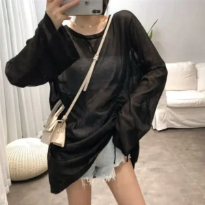 Mesh Sunscreen Shirts Drawstring Thin Long Sleeved T-shirt Summer Beach Cover Women's Casual Blouse Ladies Korean Fairy Tops