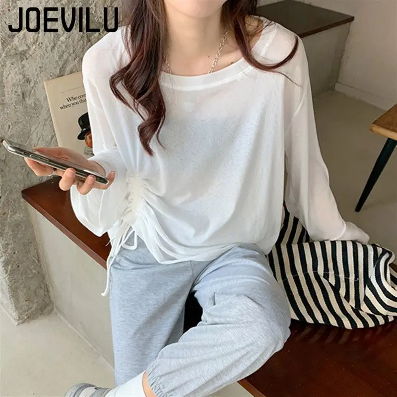 Mesh Sunscreen Shirts Drawstring Thin Long Sleeved T-shirt Summer Beach Cover Women's Casual Blouse Ladies Korean Fairy Tops - Image 10