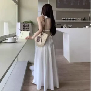 Summer Vacation Dress Thailand Style Open-back Halter Neck Age-reducing Photography Beach Long Dress Belted