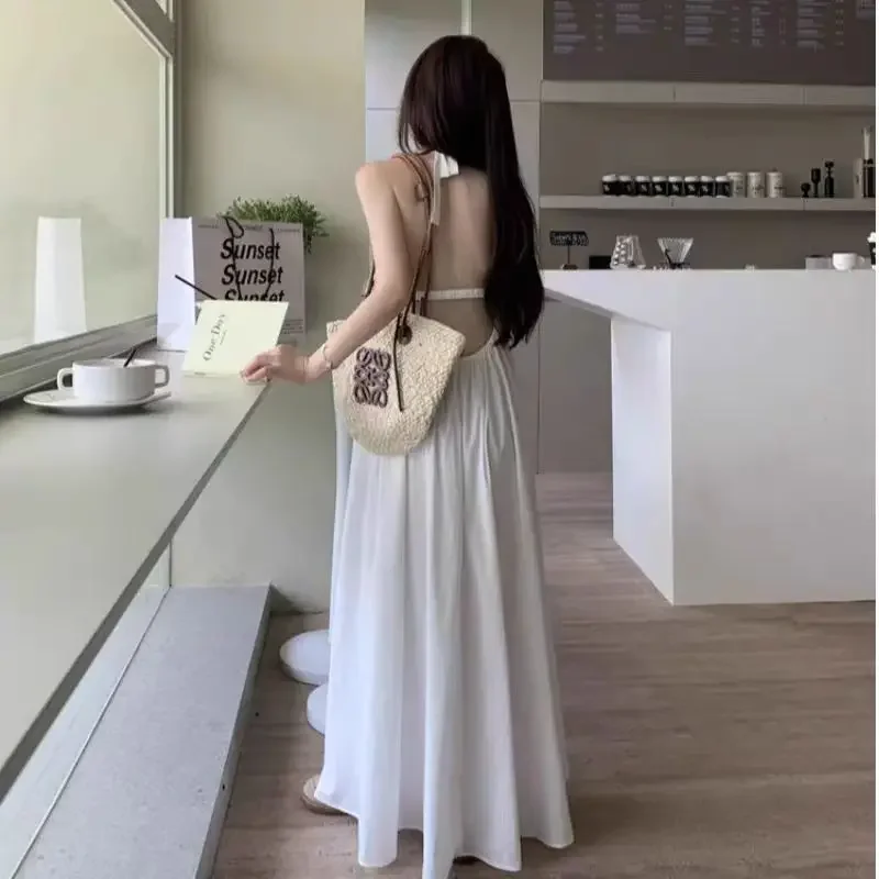 Summer Vacation Dress Thailand Style Open-back Halter Neck Age-reducing Photography Beach Long Dress Belted