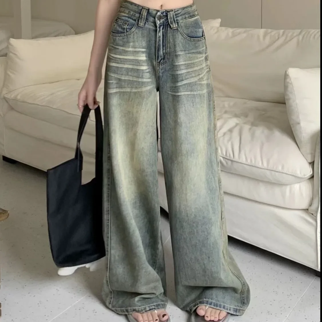 Vintage Wide-Leg Jeans Women's Loose-Fit High-Waisted Slimming Casual Straight-Leg Long Pants Trendy On The Ground - Image 3