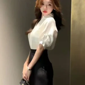 Summer White Short-sleeve Shirt 2025 New V-Neck Chiffon Top Elegant Office Lady Clothes Tops High-end Shirt Fashion Blouses Chic