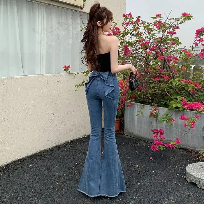 Spring Summer New High Waist 3D Butterfly Knot Denim Pants Women's European Style Slimming Butt Lifting Flared Trousers