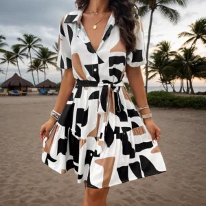 Summer Casual Dress Floral Lace-up Turn Down Collar Holiday Beach Vestido Elegant Short Sleeve Collared Button Shirt Dresses