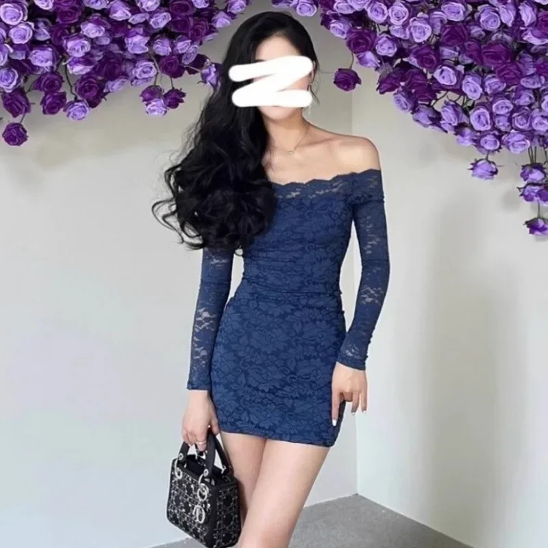 Pure Desire Aesthetic Off-shoulder Mini Dress For Women Spring Waist-fitted Spicy Girl A- line Hip Covering Long Sleeve Dress - Image 2