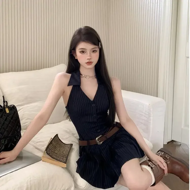 Spicy Girl Sleeveless V-Neck Halter Striped Mini Dress Summer Gored Skirt Backless Short A- Line Skirt Pure Desirable Fashion - Image 4